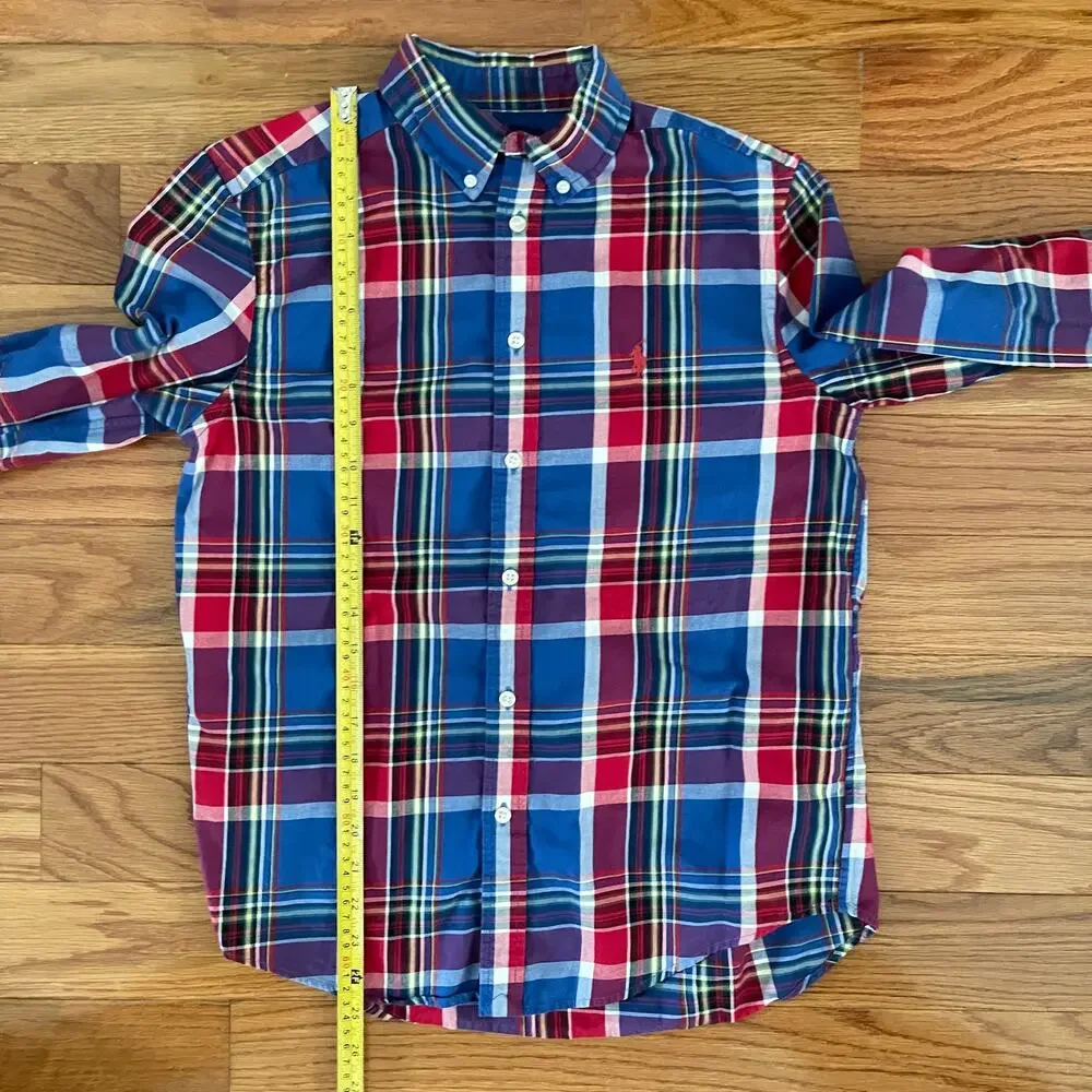 Ralph Lauren Boys Large 14/16 Red Blue Tartan Plaid Button Down Shirt Sleeve